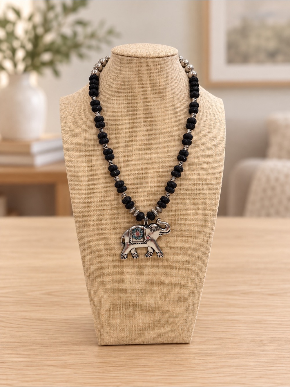 Boho Silver Elephant Pendant Necklace in Black - Unbranded